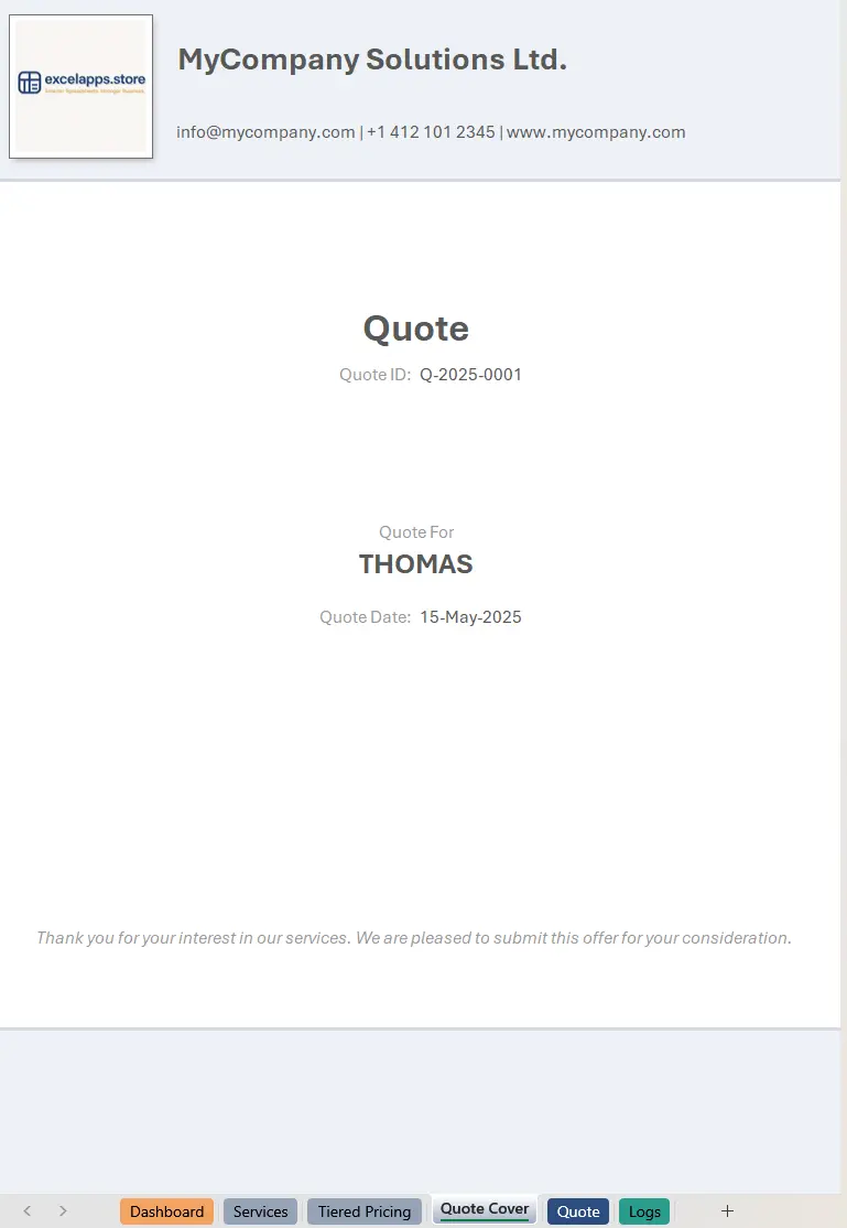 Designed PDF cover layout within Excel, showing quote ID, client name, company branding, and a thank-you note. Structured for clean presentation when exporting quotes.